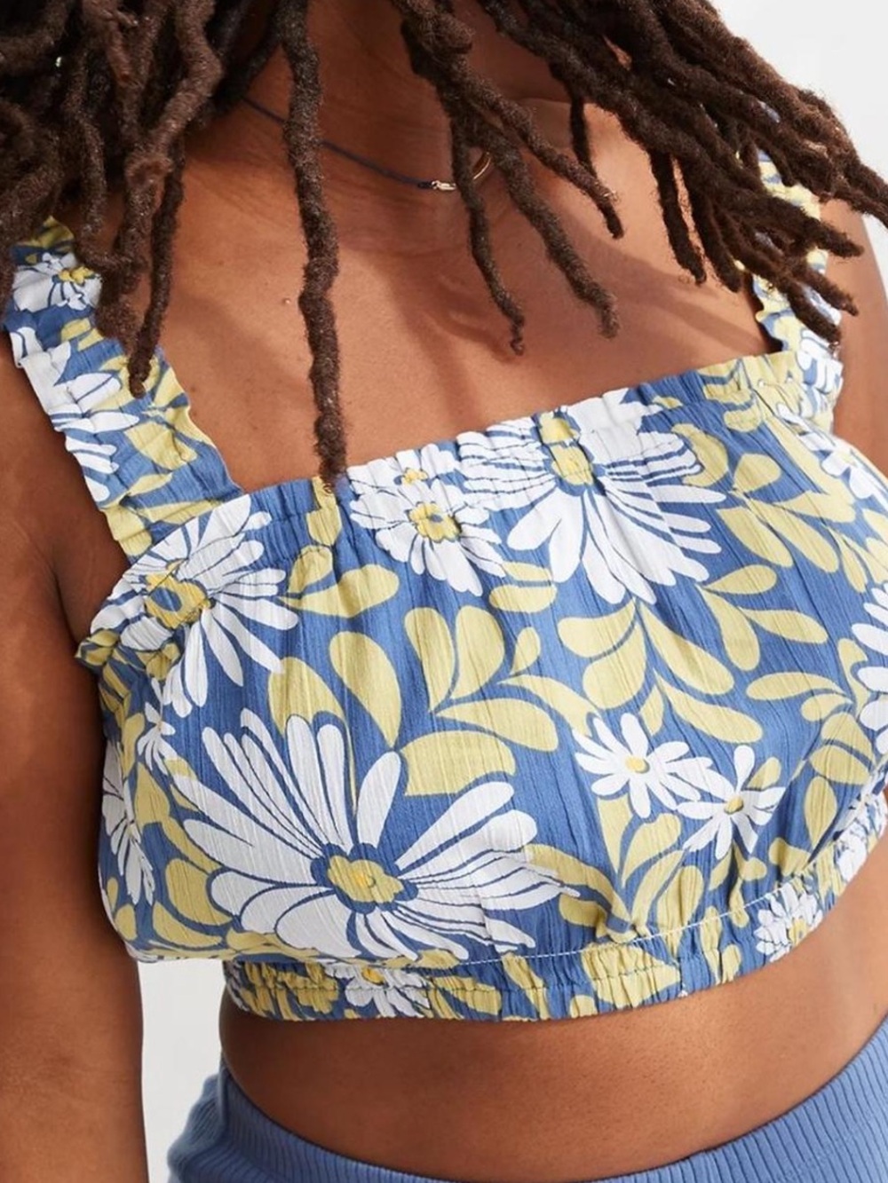 Aerie Blue Floral Smocked Crop Top with Ruffled Straps | Size XS